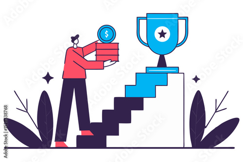 
A man holding stacks of coins ascends a staircase towards a large trophy, symbolizing financial success, investment growth, and reaching career goals through diligent effort.