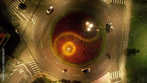 Aerial View of Yin Yang Shaped Roundabout at Night in Donwtown Curitiba - Brazil