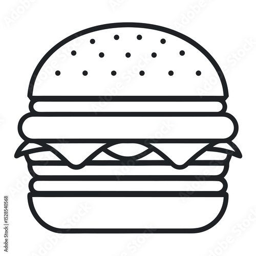 Classic Cheeseburger with Sesame Bun – Line Art Vector Icon