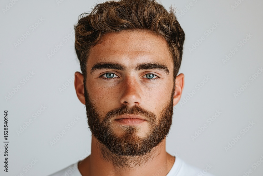 Obraz premium Masculine Male Model Portrait with Beard. Trendy Young Adult with Vibrant Eyes & Casual Style