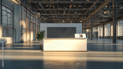 Modern reception desk in a large industrial-style building with sunlight streaming through large windows.