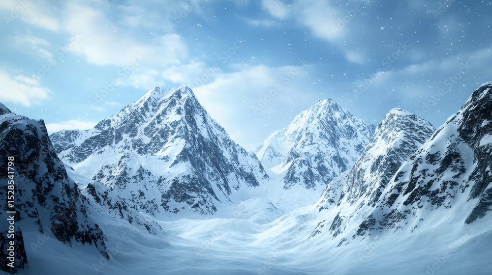 Fototapeta premium Magnificent Snow-Covered Mountains Under Bright Sky with Clouds and Snowfall in Winter Landscape Setting Perfect for Nature and Travel Themes