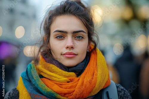Stylish Young Woman with Colorful Autum Scarf in Urban Setting Close-Up Outdoor Photography with a Fashionable Vibrant Flair