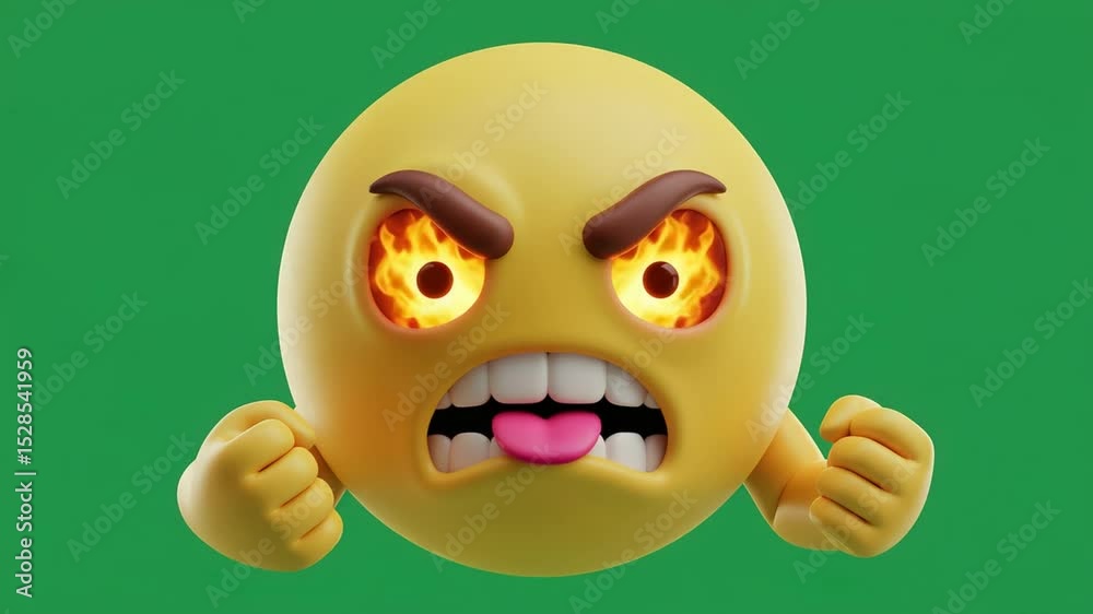 Infuriated Emoji 3D Render: A fiery digital illustration of an angry emoticon with blazing eyes and clenched fists.
