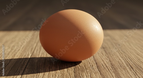 A Single Brown Egg Resting on a Wooden Surface Catching the Sunlight in a Natural Composition