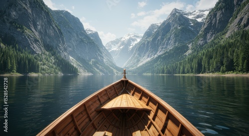 A Tranquil Journey Through Mountainous Waters The Boat Glides Smoothly Amidst Nature's Majestic Embrace Creating a Sense of Freedom and Serenity