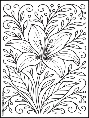 Swirly Floral Coloring Page – Bold and Easy Printable Flower and Leaf Line Art for Kids and Adults to Relax and Enjoy Coloring