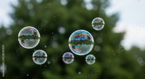 Ephemeral Spheres A Symphony of Reflections and Lightness Captured in Floating Bubbles Against a Natural Green Backdrop