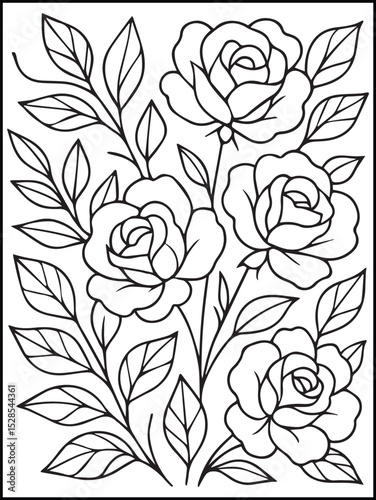 Swirly Floral Coloring Page – Bold and Easy Printable Flower and Leaf Line Art for Kids and Adults to Relax and Enjoy Coloring