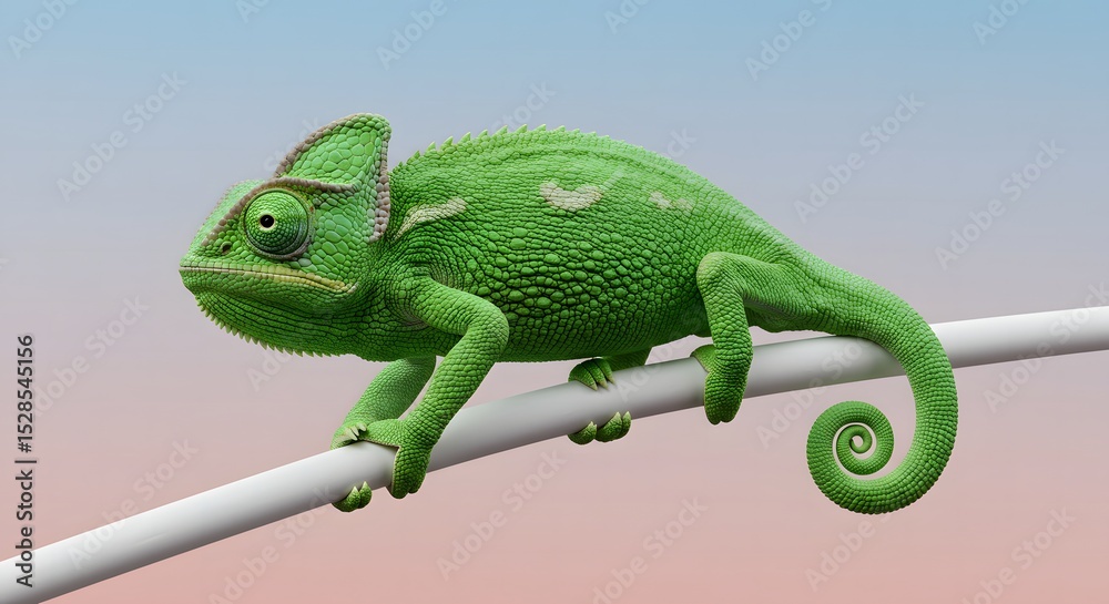 Fototapeta premium Green Chameleon Perched on Branch Detailed Exotic Lizard Reptile Animal Isolated Colorful Wildlife Animal Illustration Graphic Design Render