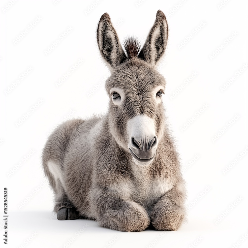 Fototapeta premium Adorable Juvenile Donkey Resting in Picturesque Barnyard - Cute and Playful Farm Animal Livestock