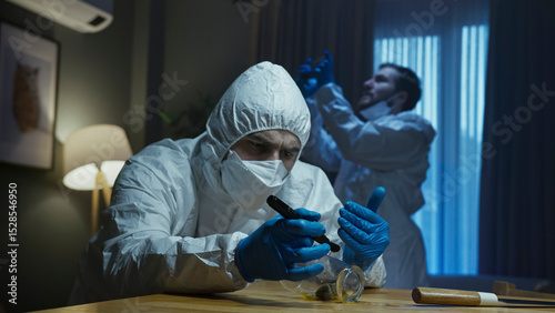 Forensic team analyzing evidence at crime scene