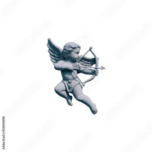 Stone cherub statue with wings and bow and arrow, symbolizing love and innocence, is depicted in classic pose. sculpture intricate details evoke sense of timeless beauty