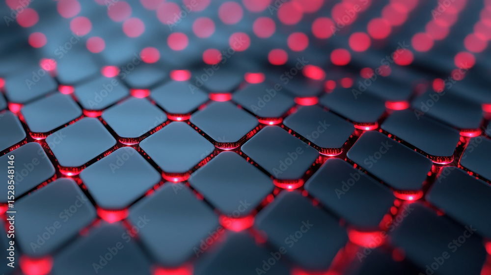 Fototapeta premium Abstract design featuring glossy tiles with glowing red edges on a dark background, creating a modern and dynamic visual impact for technology themes