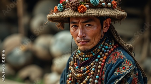 Colorful Akha Costume, Embroidered Shirt and Decorated Hat