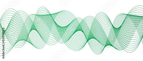 Abstract digital wave pattern consisting of smooth, flowing lines in a teal green gradient. Spaced and curve in white background, with forming symmetrical sine wave shapes and depth and motion.
