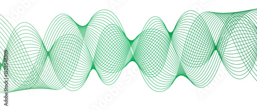 Abstract digital wave pattern consisting of smooth, flowing lines in a teal green gradient. Spaced and curve in white background, with forming symmetrical sine wave shapes and depth and motion.