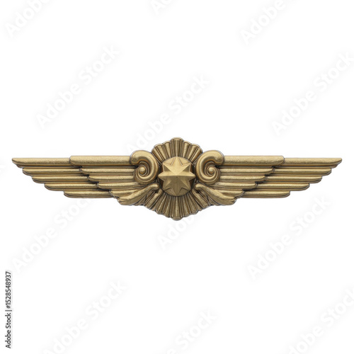 Gold winged badge with central star design, symbolizing achievement or rank, is depicted. intricate detailing and metallic sheen convey sense of prestige and honor