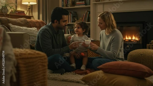 Happy family enjoying warm drinks by fireplace