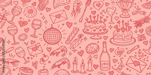 Contemporary minimalist line art banner with food, candles, drinks and decor doodles. Hand drawn dinner party seamless pattern.