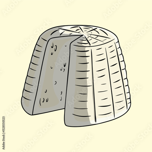 Hand-drawn of a wheel of ricotta cheese with a slice cut out