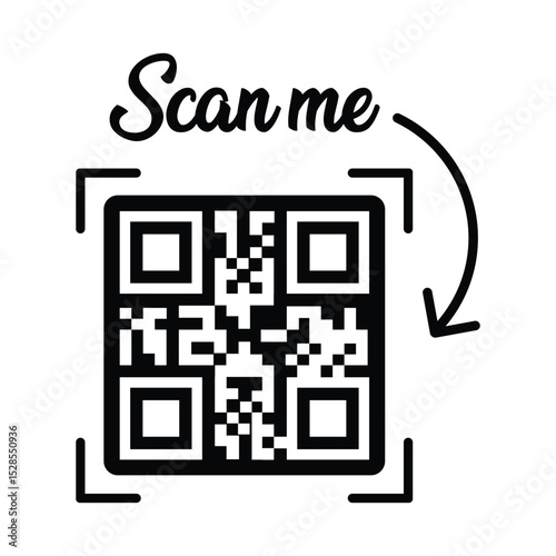 Minimalist black & white QR code centered, grid squares visible. Simple outline frame. "Scan me" handwritten text above, curved arrow icon around. Clean, flat lighting, neutral.	