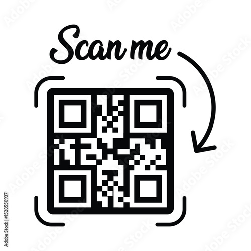 Minimalist black & white QR code centered, grid squares visible. Simple outline frame. "Scan me" handwritten text above, curved arrow icon around. Clean, flat lighting, neutral.	