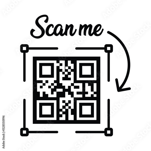 Minimalist black & white QR code centered, grid squares visible. Simple outline frame. "Scan me" handwritten text above, curved arrow icon around. Clean, flat lighting, neutral.	