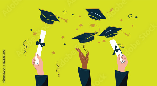 Happy graduate students hands throwing graduation caps. Hands holding diploma graduation. Silhouette high achievements. Graduation event. Flat design modern vector illustration concept