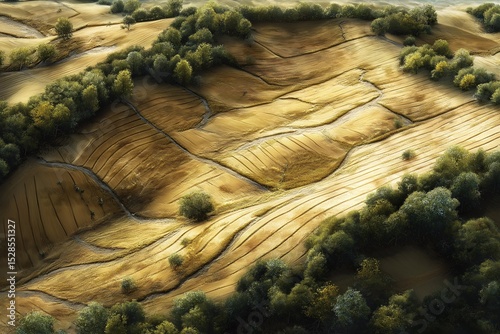 Panoramic Countryside Farmland Landscape. Elevated View of Vibrant Agricultural Fields and Woodlands in Springtime