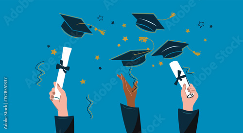 Happy graduate students hands throwing graduation caps. Hands holding diploma graduation. Silhouette high achievements. Graduation event. Flat design modern vector illustration concept