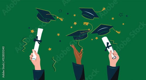 Happy graduate students hands throwing graduation caps. Hands holding diploma graduation. Silhouette high achievements. Graduation event. Flat design modern vector illustration concept