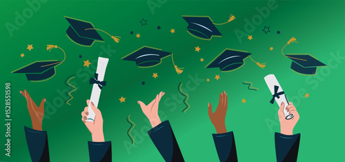 Happy graduate students hands throwing graduation caps. Hands holding diploma graduation. Silhouette high achievements. Graduation event. Flat design modern vector illustration concept