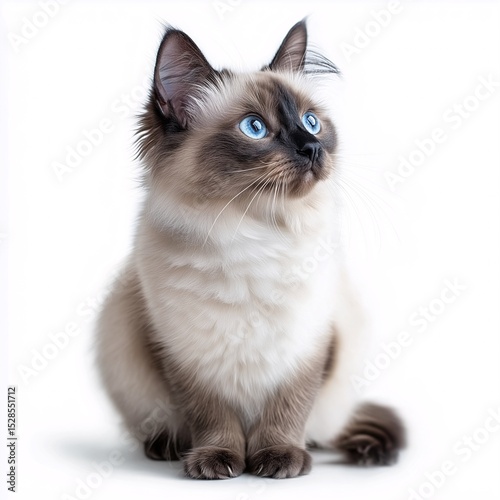 Adorable Blue-Eyed Siamese Kitten. Fluffy, Curious, and Playful Domestic Pet on White Background