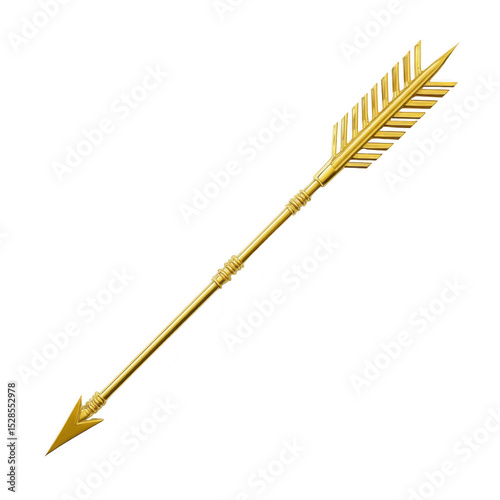 Golden arrow with detailed fletching and sharp point is depicted against transparency background, symbolizing direction and precision