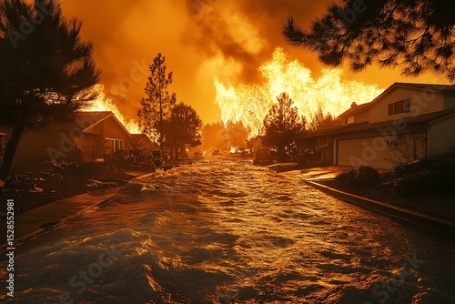 Wildfire Devastation. Flames and Smoke Threaten Rural Properties in Natural Disaster Scenario