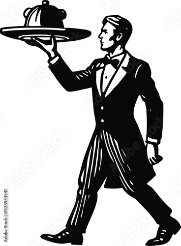 Retro Waiter Silhouette, Vintage Server Carrying Tray Vector Illustration