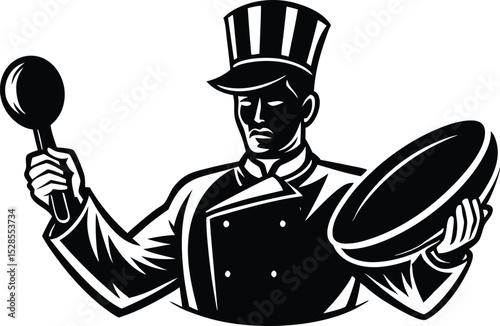 Retro Black and White Chef Illustration Holding Spoon and Bowl
