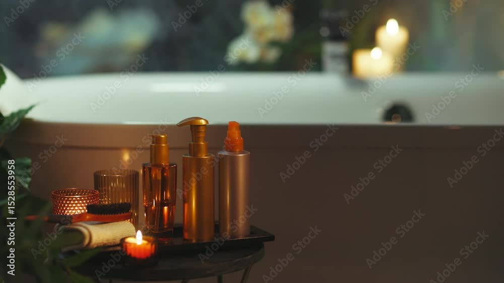 A luxurious bathroom features a steamy white bathtub, hinting at a freshly drawn bath. In the foreground, a metal table displays opulent bath products, a hairbrush, and candles, all bathed in soft, wa