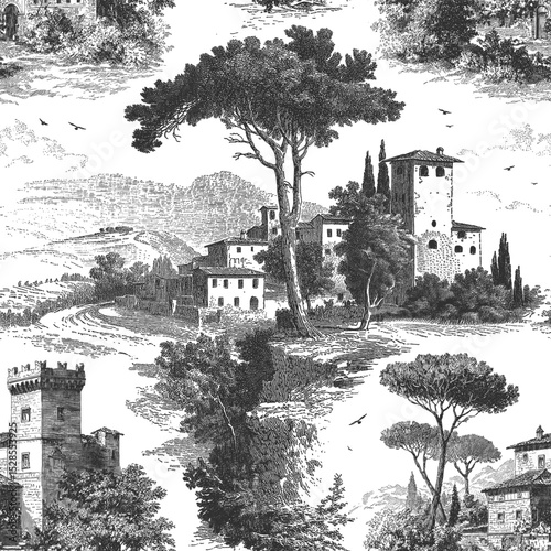 Seamless vector pattern with castles, hills, forests and plains. Traditional old European, Tuscany or Provencal, landscape scene. Vintage engraving style illustration.
