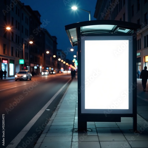 Urban street with white lightbox sign in bus stop at night , billboard, street lighting, outdoor advertising