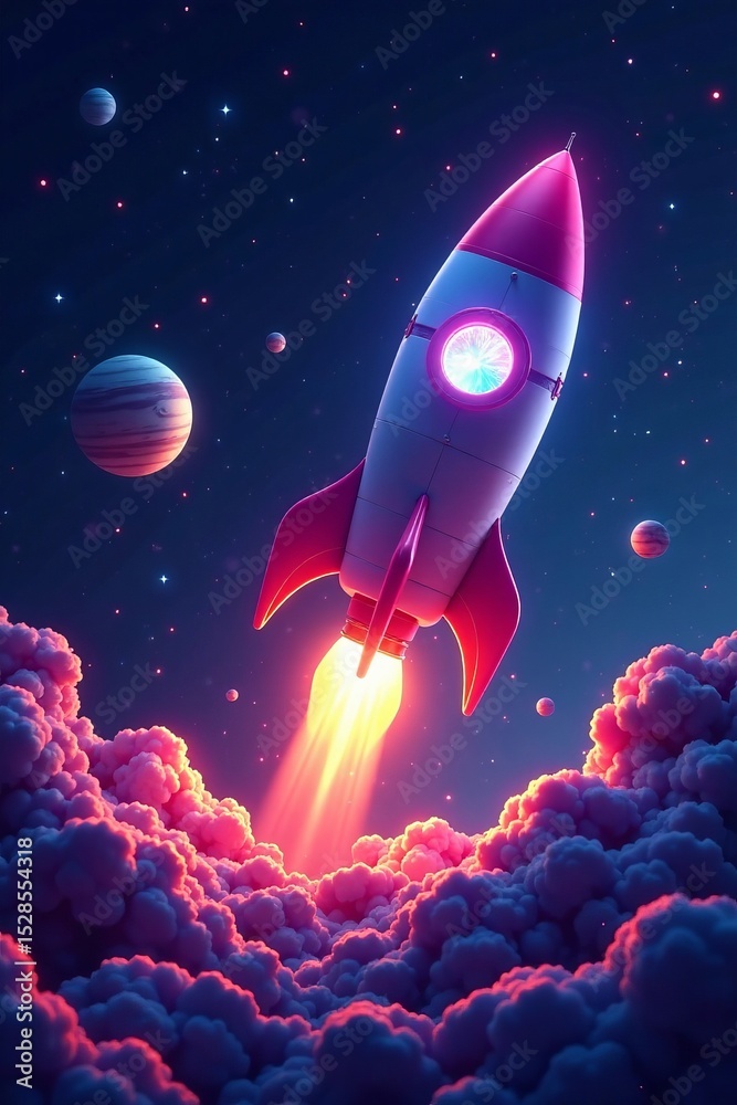 Naklejka premium Colorful holographic rocket in space with futuristic design, surrounded by stars and planets, futuristic, cosmos, technology