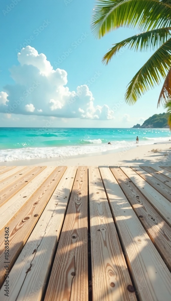 Fototapeta premium Softly weathered wood planks on a beachy deck floor with gentle sea breeze, wooden floor, empty space, driftwood