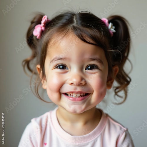 Gentle smile and rosy cheeks on a young child with pink heart accents, white gray background, love theme, playful face