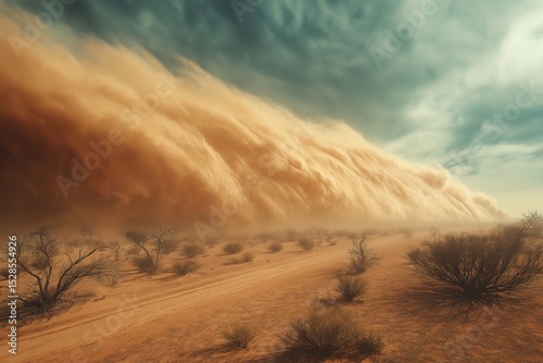 Dramatic Desert Landscape. Sandstorm and Dust Clouds in Arid Wilderness