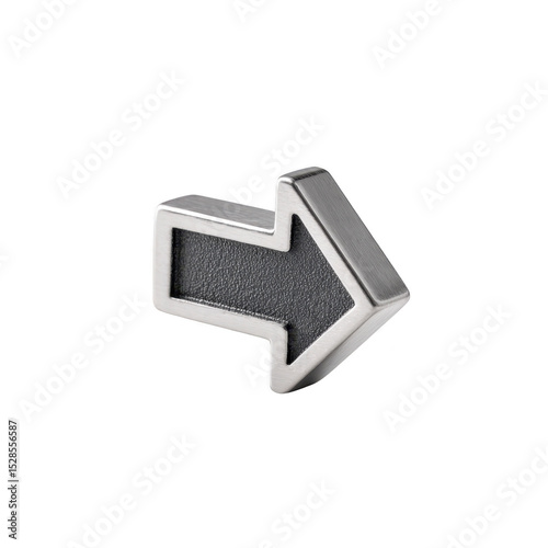 Metallic arrow shaped object with textured black interior and shiny silver outline, pointing to right. design is modern and sleek, suitable for directional signage or decorative purposes