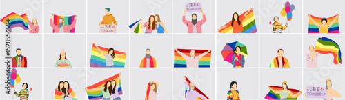 people flat illustration concept of unity profile of people holding rainbow flags pride LGBT 