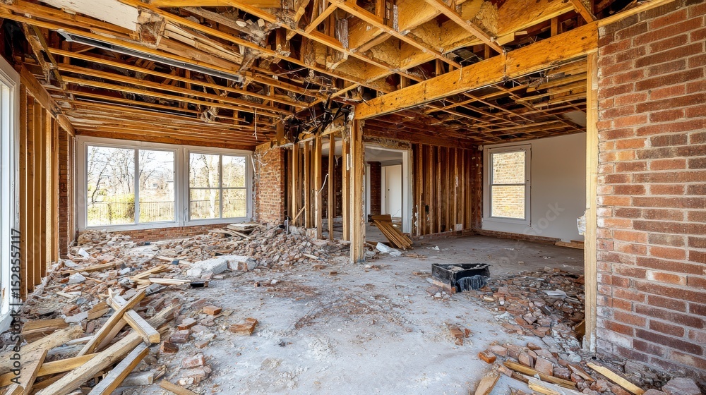 Fototapeta premium Interior view of a house under demolition, showing exposed brick walls, wooden beams, and debris on the floor.