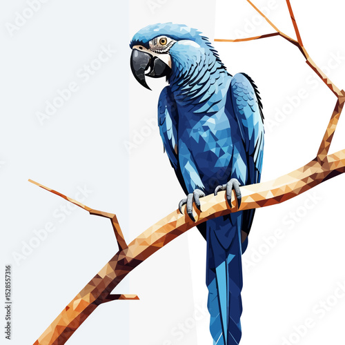Blue Macaw Parrot Art Illustration-Geometric Bird on Branch-Vibrant Tropical Wildlife Artwork-Modern Polygonal Design-Exotic Avian Print for Home Decor