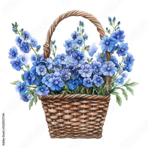A Delphinium Flower Basket, watercolor vector, high quality, isolated on a white background.